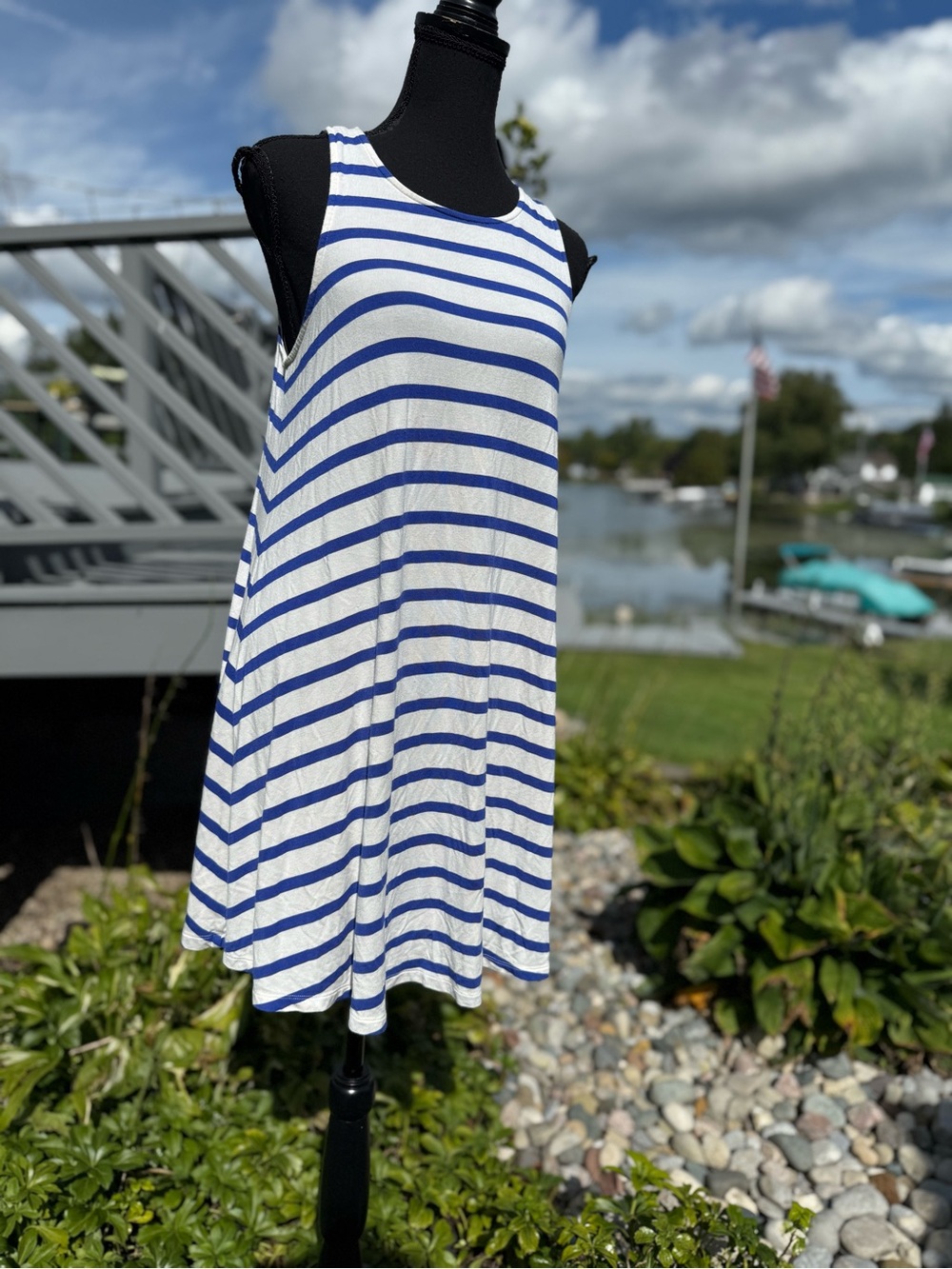 Woman Blue and White Striped Dress size S/P old navy pre-owned with free gift .